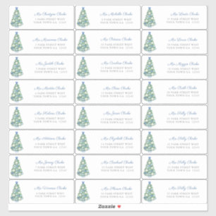 Sticker Cartes de Noël bleu blanc décoré Arbre Adresse