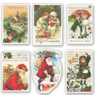 Sticker Cartes de Noël festives et vintage avec Santa et e