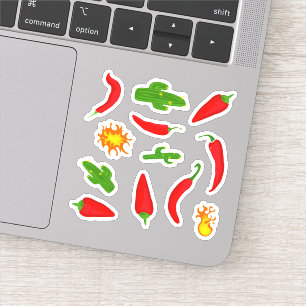 Sticker Carton de Chillies, Cactus et Flames