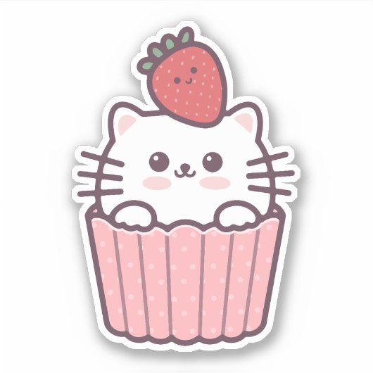 Sticker Carton de Cupcake aux fraises Cute Kawaii (Devant)