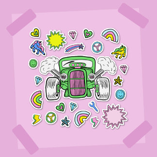 Sticker Carton vert rose Hot Rod Voiture et Unicorn autoco