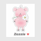 Sticker Cartoon de porc rose gai (Feuille)