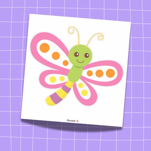 Sticker Cartoon rose et papillon vert