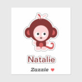 Sticker Cartoon rose singe bébé avec texte personnalisable (Feuille)