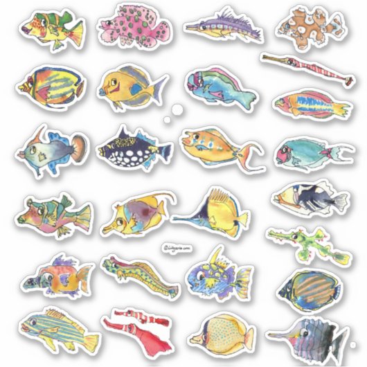 Sticker Cartoon Tropical Reef Poisson Aquarelle Contour (Devant)