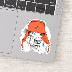 Sticker Casquette rouge de Basset Hound   Ushanka