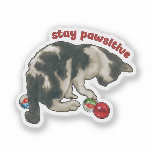 Sticker Cat Playing with MARBLES, Stay Pawsitive, Pun (Devant)