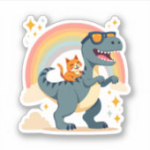 Sticker Cat Riding Dinosaur T-Rex Kitten Rainbow Dino Funn (Devant)