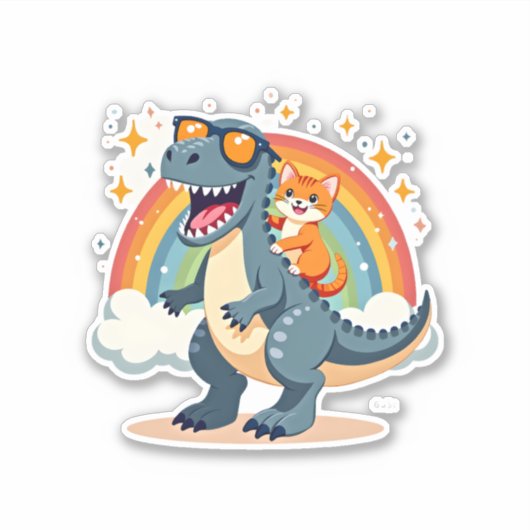 Sticker Cat Riding Dinosaur T-Rex Kitten Rainbow Dino Funn (Devant)