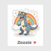 Sticker Cat Riding Dinosaur T-Rex Kitten Rainbow Dino Funn (Feuille)