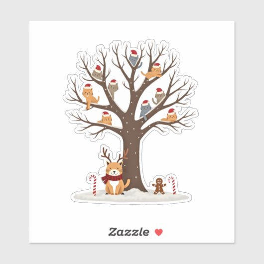 Sticker Cats In Snow Tree Winter Christmas Santa Hat X-mas (Feuille)