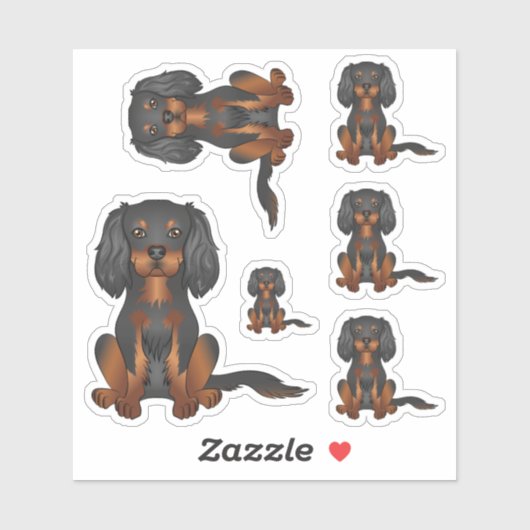 Sticker Cavalier King Charles Spaniel noir et feu assis (Feuille)