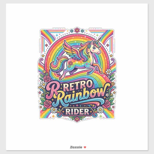 Sticker Cavalier Licorne Arc-en-Ciel Rétro (Feuille)