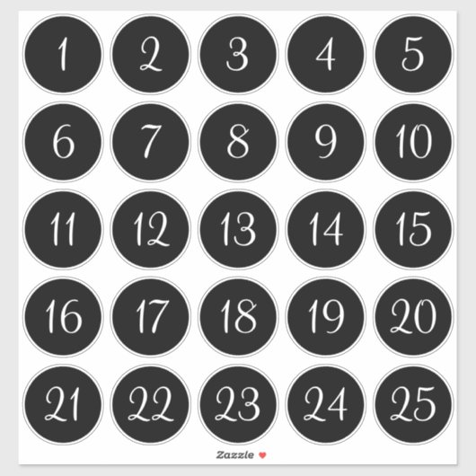 Sticker Cercles numérotés Noir et Blanc 1 - 25 (Feuille)