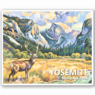 Sticker Cerf animal vintage Van Gogh Yosemite Half Dome
