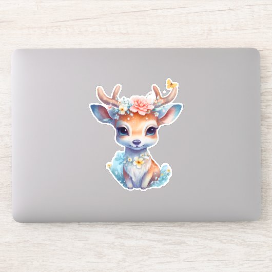 Sticker Cerf de Bébé mignon avec Antlers et Fleurs (Ordinateur)