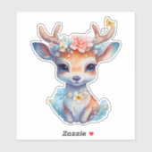 Sticker Cerf de Bébé mignon avec Antlers et Fleurs (Feuille)