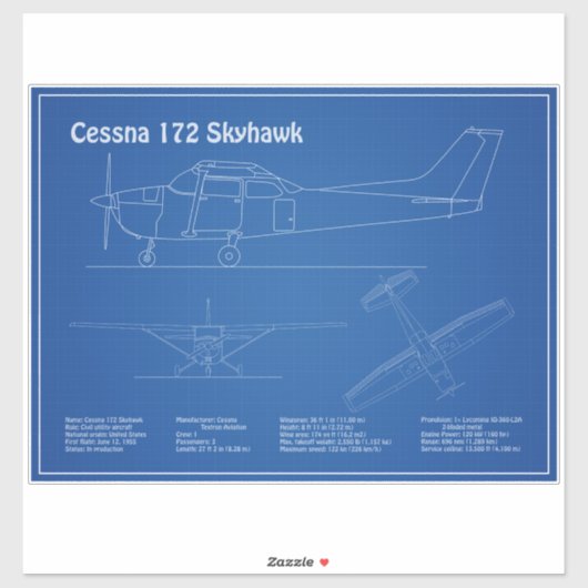 Sticker Cessna 172 Skyhawk - Plan directeur de l'avion AD (Feuille)
