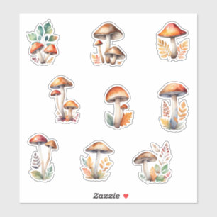 Sticker Champignons de la forêt d'aquarelle et feuilles d'
