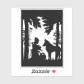 Sticker Chapeau Rouge Wolf Sous Arbres Silhouette Noire (Feuille)