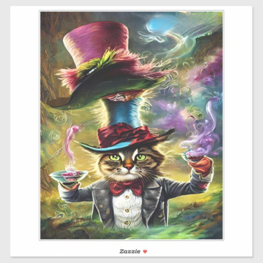 Sticker Chat anthropomorphique Mad Hatter Imaginaire Fairy (Feuille)