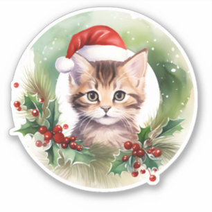 Sticker Chat Aquarelle Avec Wreath Holly Berry