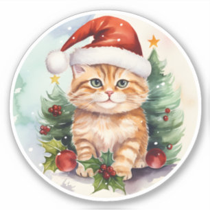 Sticker Chat Aquarelle, Berries Holly Et Arbre De Noël