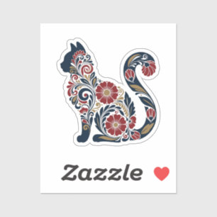 Sticker Chat Assis Ornemental - Floral Rouge, Bleu & Or P
