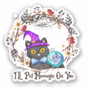 Sticker Chat aux sorcières mignonne et Punny