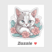 Sticker Chat blanc allongé en Fleurs roses étanche (Feuille)