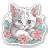 Sticker Chat blanc allongé en Fleurs roses étanche (Devant)