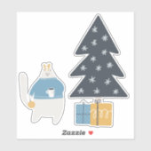 Sticker Chat blanc chandail bleu ornement de noël arbre (Feuille)