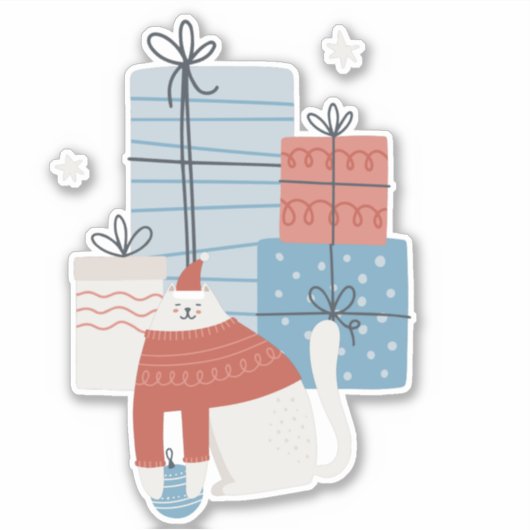 Sticker Chat blanc chandail rouge présente cadeaux ornemen (Devant)