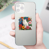 Sticker Chat Blanc Fluffy et Fleurs d'Art Populaire (Téléphone)