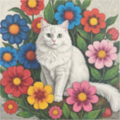 Sticker Chat Blanc Fluffy et Fleurs d'Art Populaire (Recto)