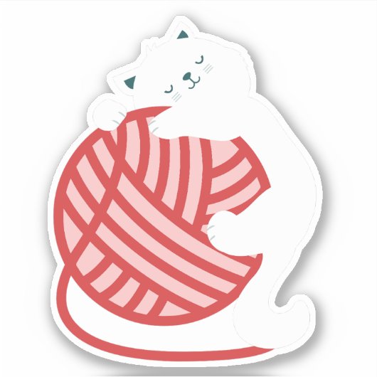 Sticker Chat blanc mignon avec boule de fil (Devant)