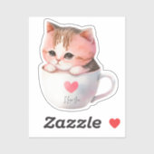 Sticker Chat blanc-rose mignonne dans une tasse de thé (2) (Feuille)