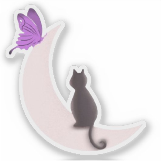 Sticker Chat céleste esthétique et papillon violet Lune  (Devant)