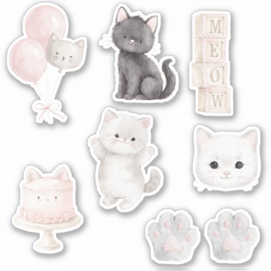 Sticker Chat Chaton Miaou Gâteau Ballons Pattes (Devant)