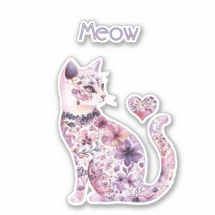 Sticker Chat cœur floral rose violet