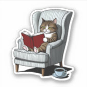 Sticker Chat confortable avec livre et café (Devant)