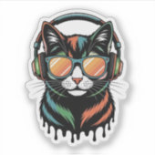 Sticker Chat Cool avec Casque et Lunettes de Soleil (Devant)