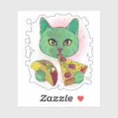 Sticker Chat cosmique mangeant Pizza et Taco (Feuille)