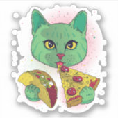 Sticker Chat cosmique mangeant Pizza et Taco (Devant)
