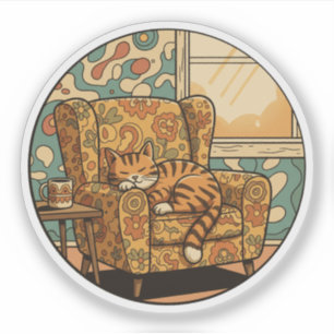 Sticker Chat Cosy Napping - Retro Fauteuil Rêve Floral