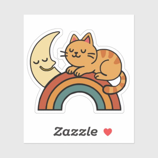 Sticker Chat couché mignon sur arc-en-ciel avec lune (Feuille)
