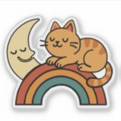 Sticker Chat couché mignon sur arc-en-ciel avec lune (Devant)