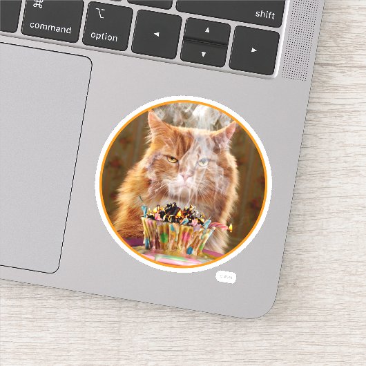 Sticker Chat Cranky Drôle Avec Cupcake D'Anniversaire Fond (Détail)