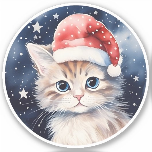 Sticker Chat Cute En Rouge Polka Dot Santa Chapeau Starry  (Devant)