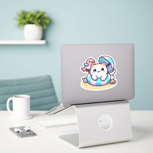 Sticker Chat Cute kawaii à la plage (Ordinateur portable sur le bureau)